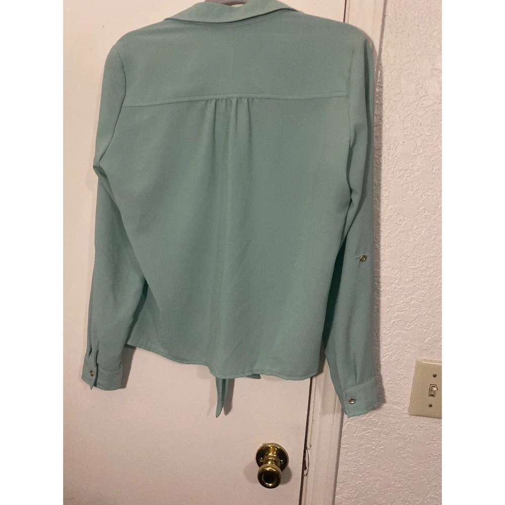 Alberto Makali Green Tie Front Roll Tab Sleeve Button Down Blouse Medium‎ Y2K
